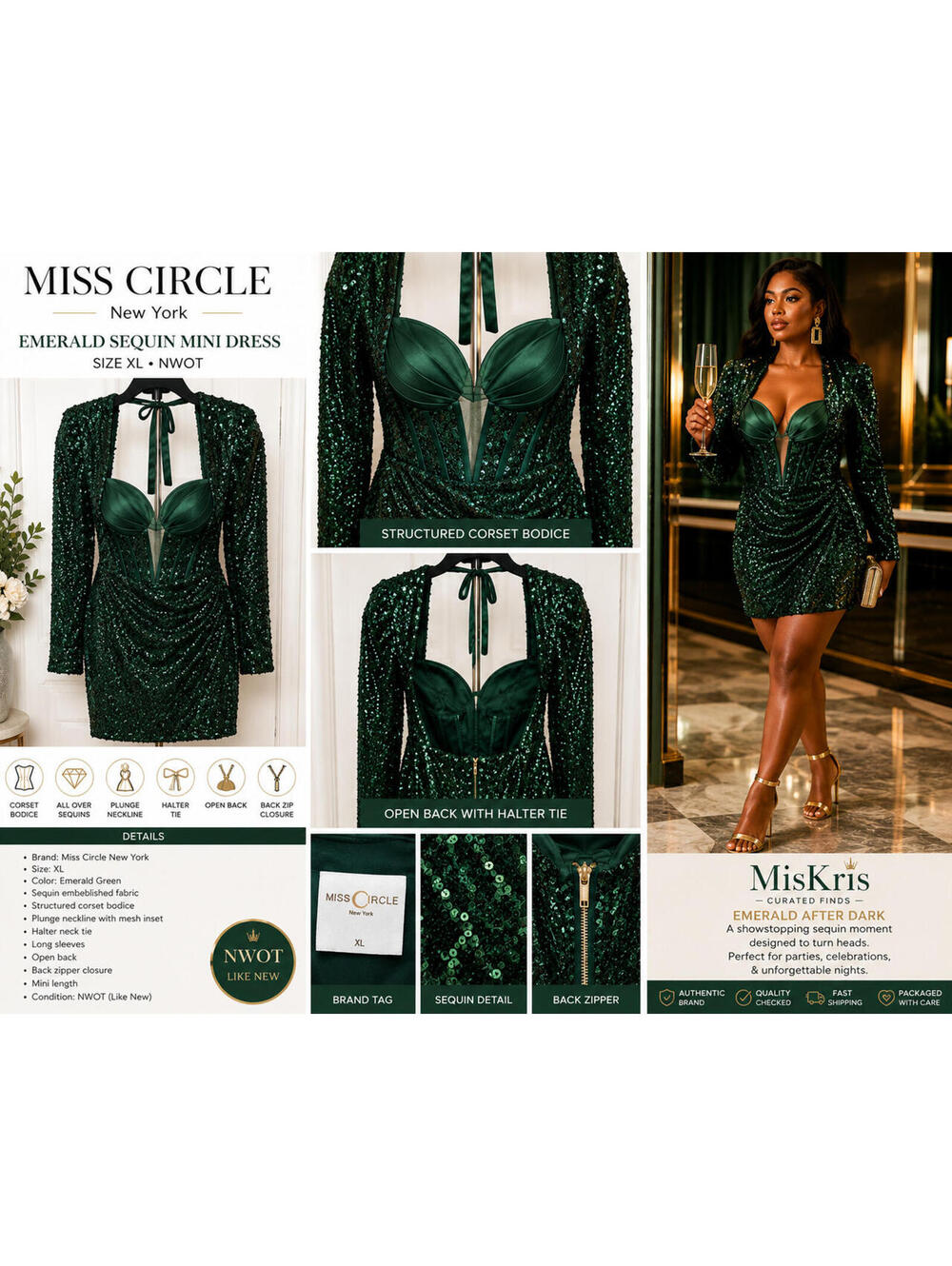 Miss Circle Green Sequin Mini Dress XL Corset Plunge Halter Cocktail Dress
